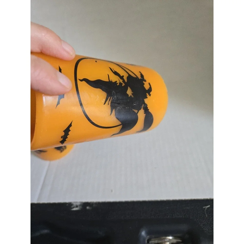 2 Halloween Flameless LED Pillar Candles Orange Black Witch Cat Bats Wax Battey